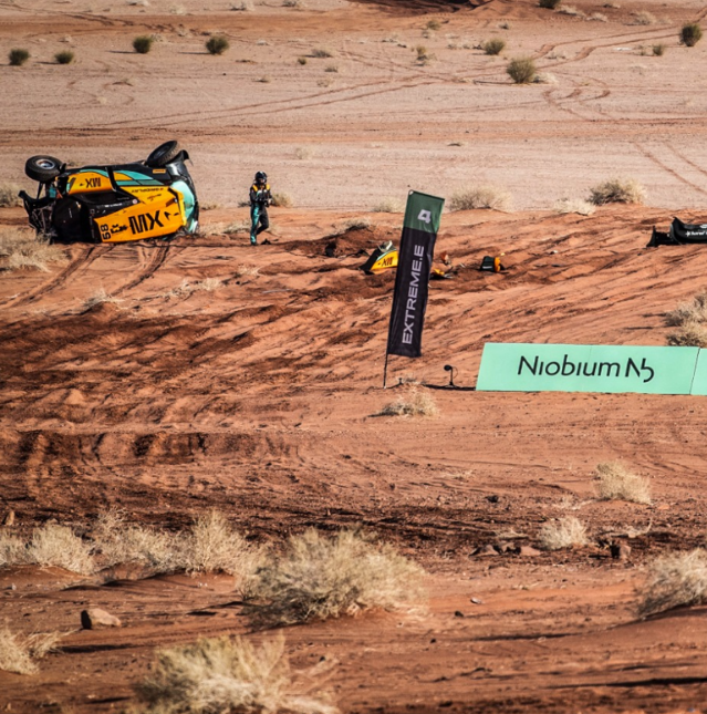 Resilience in Action: Formula E Rally Car withstanding a rollover during competition and remaining completely intact