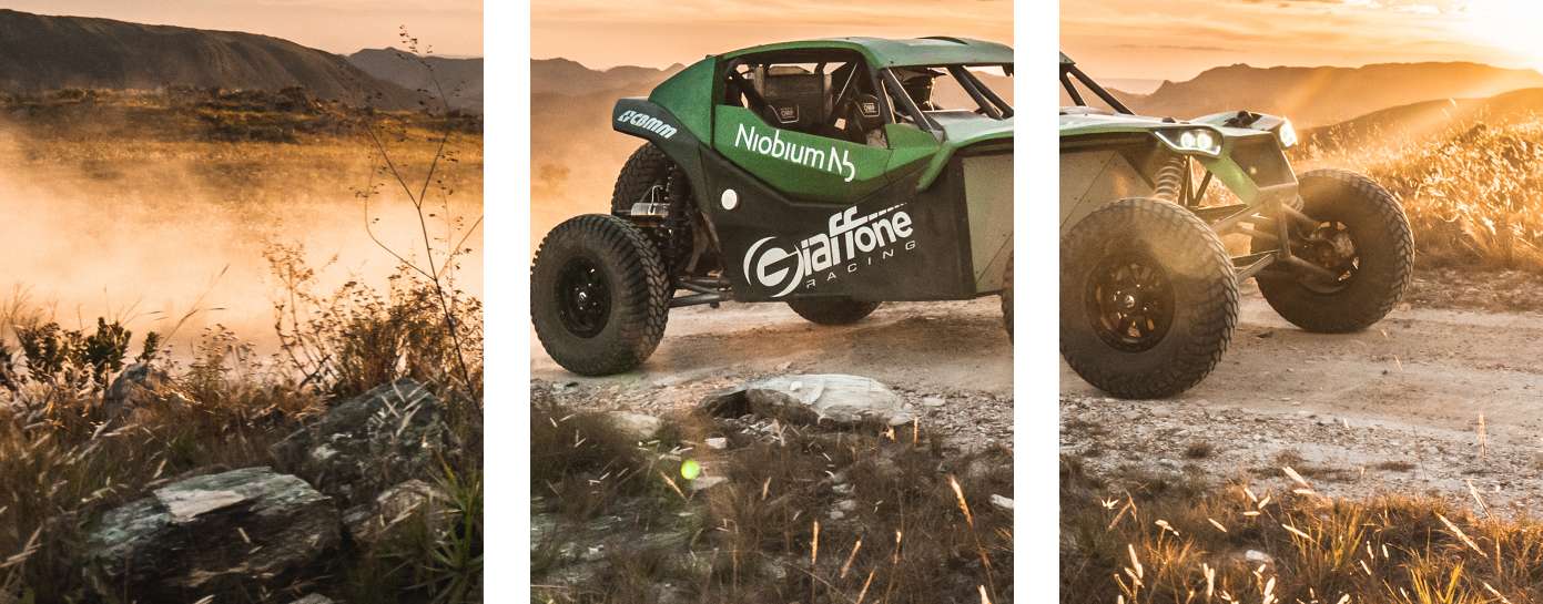 Image of racing vehicle off road in desert divided into three parts